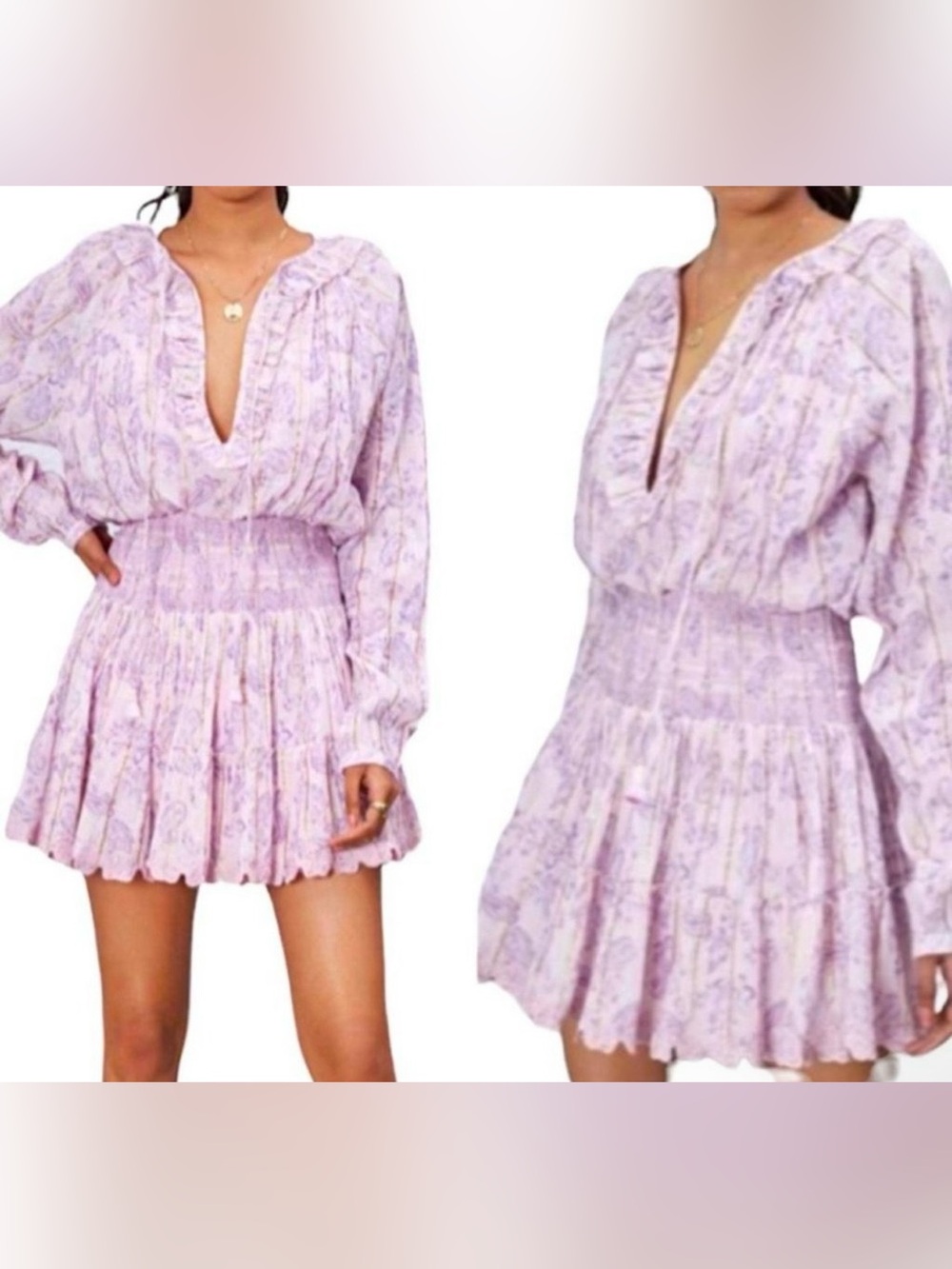 House of Harlow 1960 Boho Paisley Smocked Mini Dress S Lilac Puff Sleeve - Picture 14 of 14